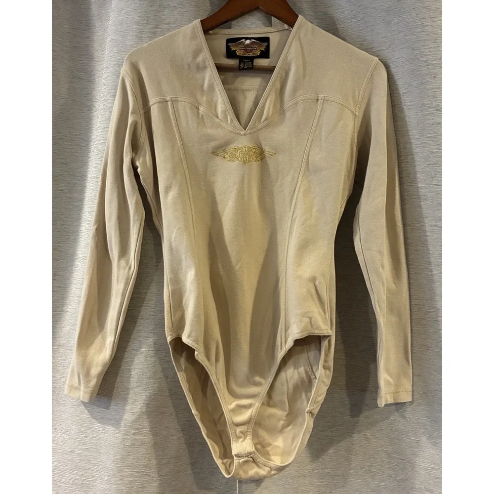 Vtg Y2K Harley-Davidson Cream Long Sleeve Bodysuit Bling Logo Sz Large Bikercore